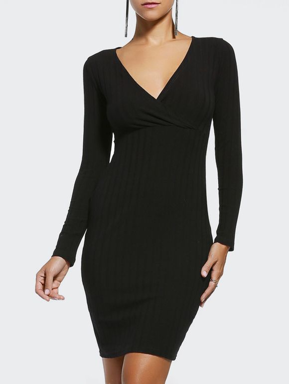 Elegant Plunging Neck Long Sleeve Patchwork Bodycon Dress For Women - Noir XL