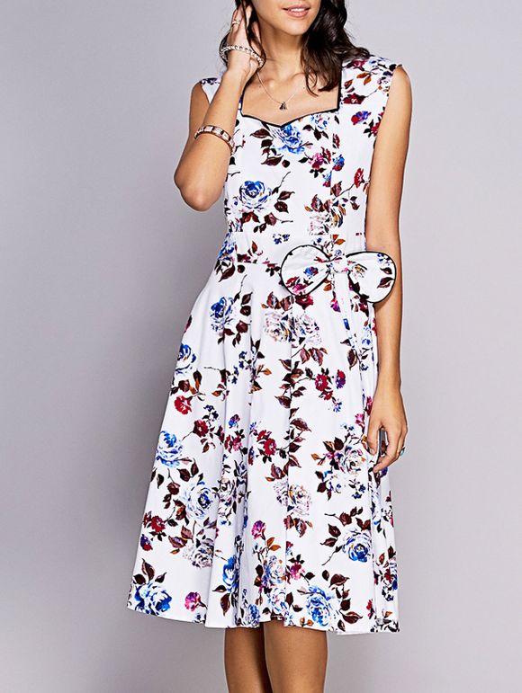 Sweetheart cou bowknot robe florale ornée d 'Vintage Femmes - Blanc XL