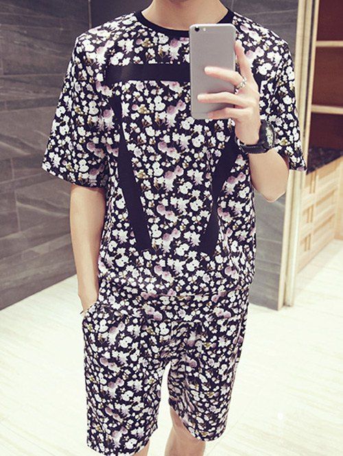 

Men's Floral Stripes Pattern Round Neck Short Sleeves Printed T-Shirt Suits(T-Shirt+Shorts), Colormix