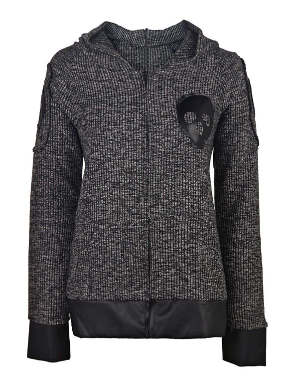 Faux Leather Spliced Skull Printed Zip Up Hoodie For Women - DEEP GRAY L