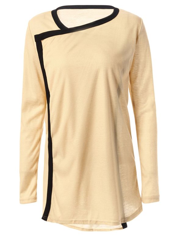 Trendy Long Sleeve Collarless Color Block Asymmetrical Hem Loose Cardigan - Kaki ONE SIZE