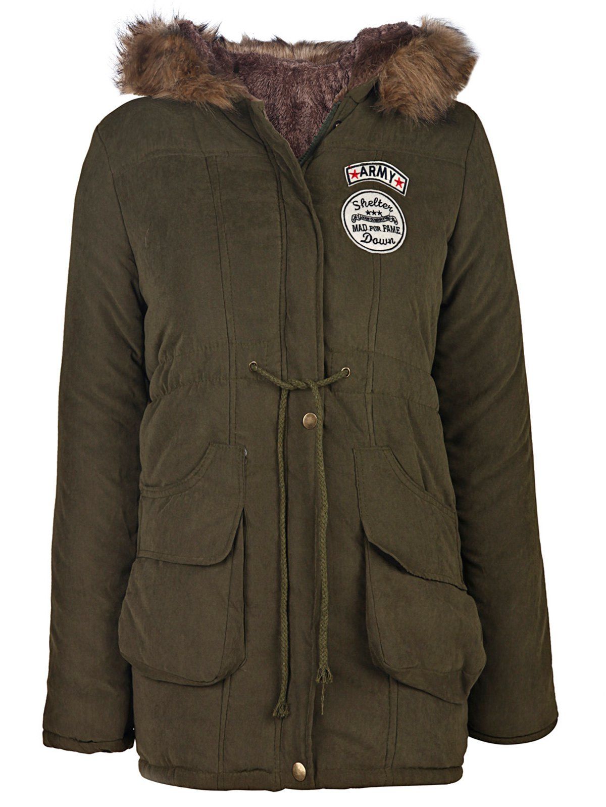 

Preppy Style Faux Fur Hooded Drawstring Design Embroidered Fleece Coat For Women, Army green