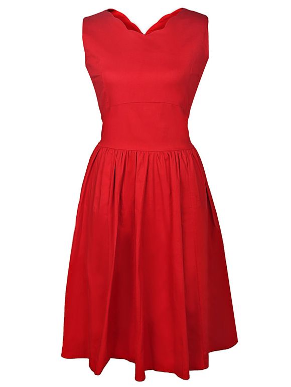Vintage Style de manches à encolure en V solides Robe Femmes Couleur - Rouge S