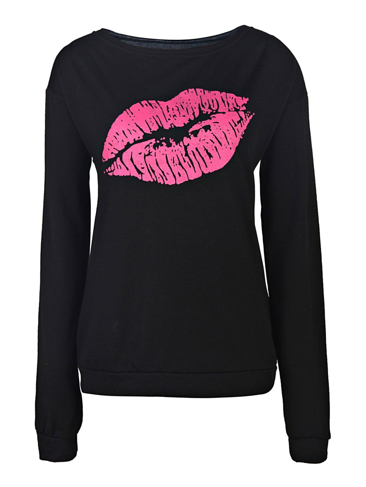 Attractive Lip Printed Color Block Pullover Sweatshirt For Women - BLACK S