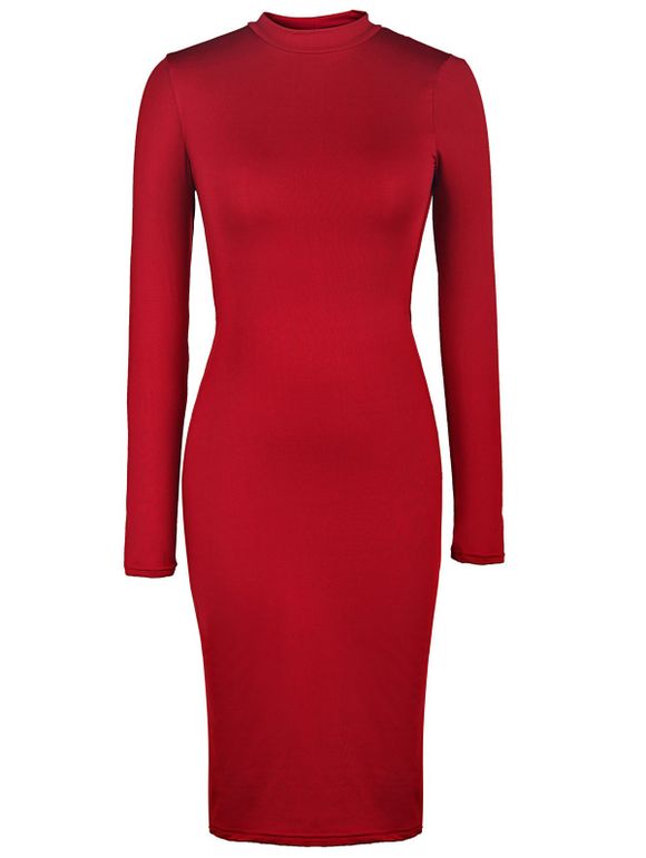Charme Back Plaid évider Solid Color manches longues moulante robe pour les femmes - Rouge vineux S