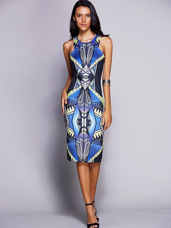 Stylish Women's Round Neck Sleeveless Geometric Midi Dress - Bleu M