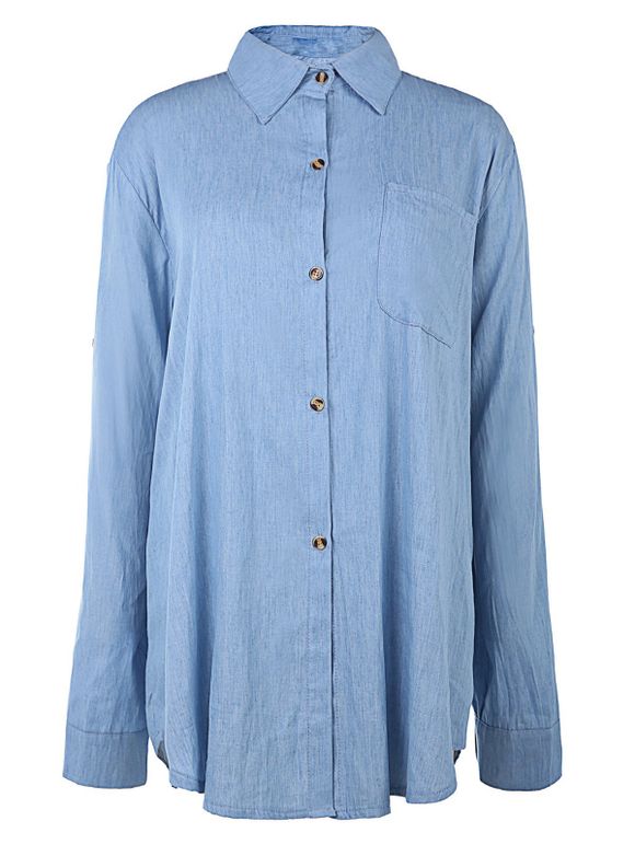 Chic Shirt Collar Long Sleeve Plus Size Pocket Design Women's Shirt - Bleu clair 5XL
