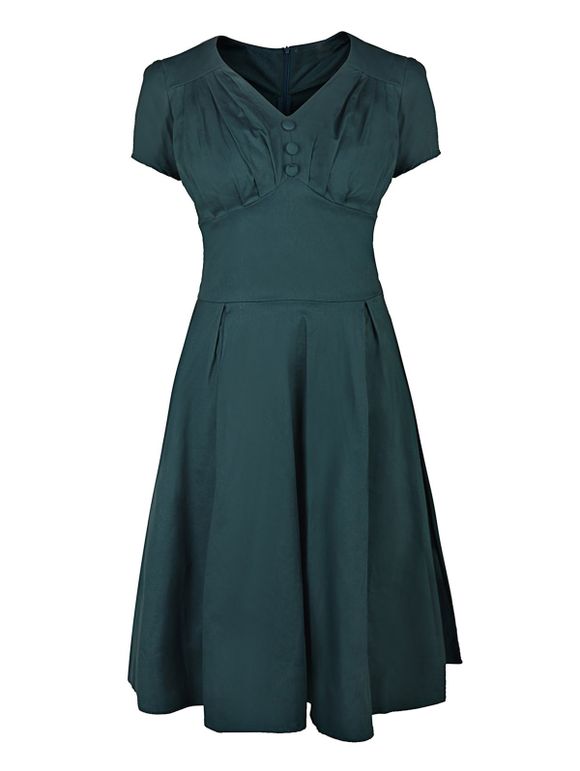 Vintage Short Sleeve V-Neck Ruched Pure Color Women's Dress - vert foncé M