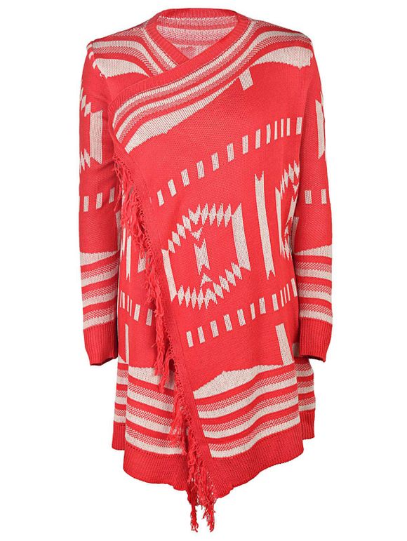 Simple Style Printed Collarless Tassel Hem Knitted Cardigan For Women - RED M