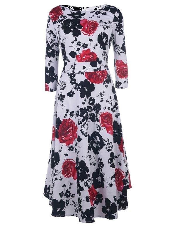 Style vintage 1/2 manches col rond imprimé floral femmes robe  's - Rouge S
