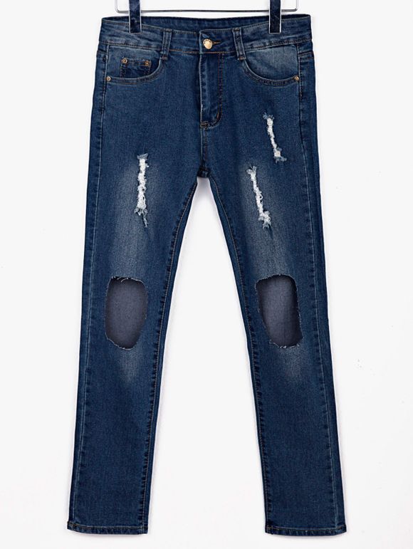 Élégant Mid-Waisted Broken Hold Design Déchaîné Women's Jeans - Bleu M