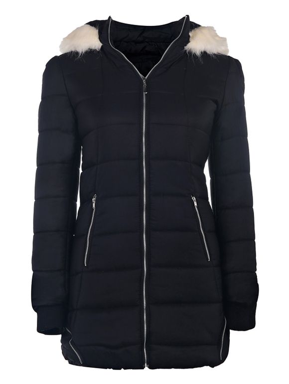 Chic Long Sleeve Fur Hooded Zip Up Slimming Pocket Design Women's Padded Coat - BLACK L