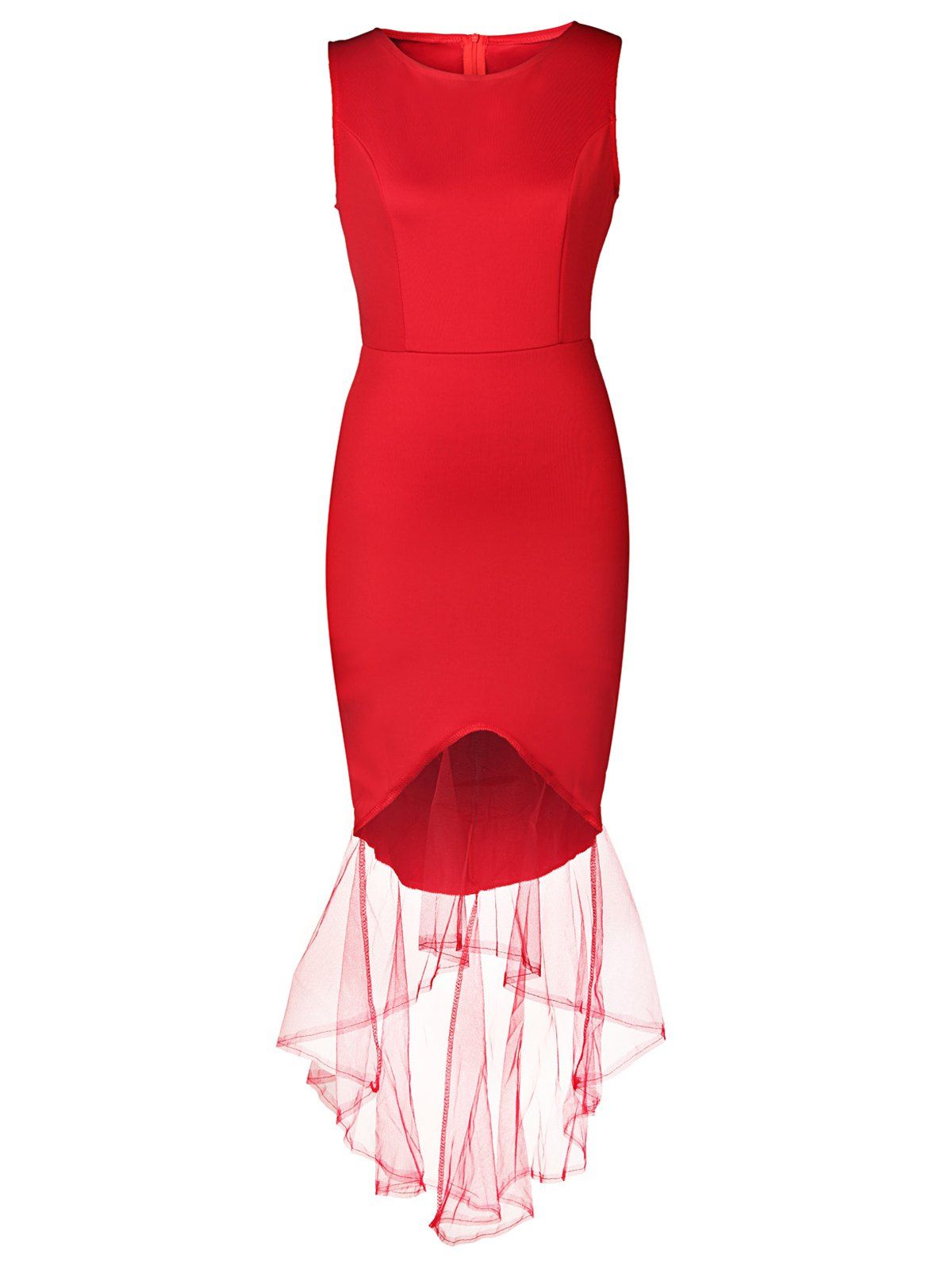 

Elegant Voile Spliced Round Collar Sleeveless Mermaid Dress For Women, Red