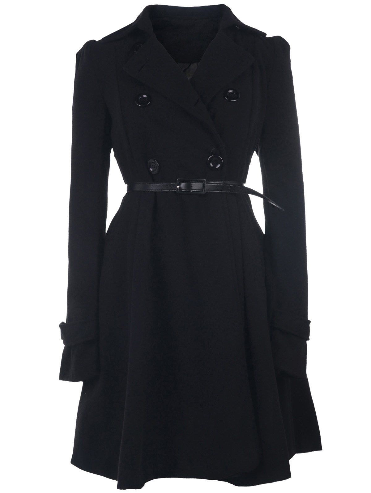 Double Breasted Fit and Flare Wool Coat, BLACK, XL in Jackets & Coats ...