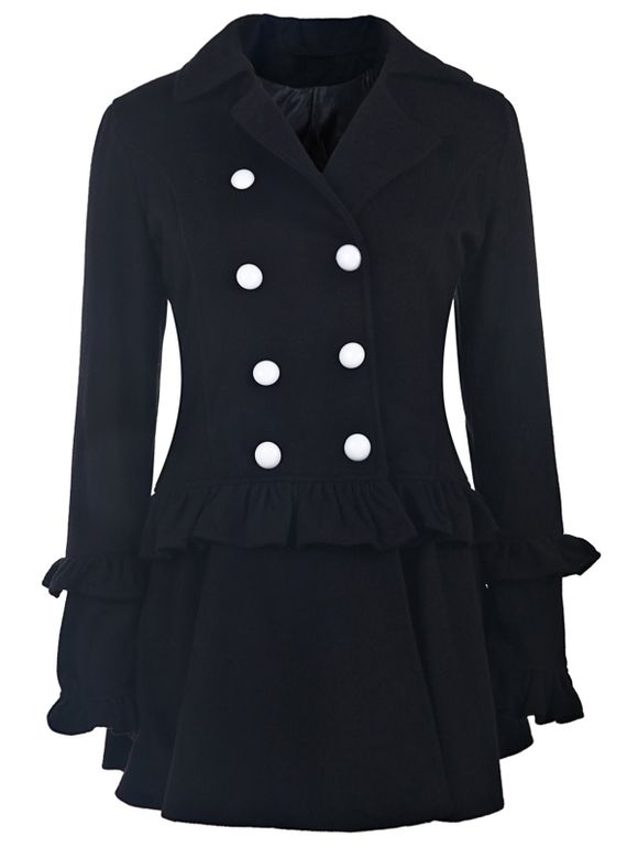 Elegant Long Sleeve Turn-Down Collar Double-Breasted Ruffles Women's Black Coat - BLACK M