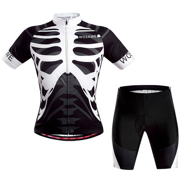 

Hot Summer Sportswear Jerseys+Shorts Skeleton Pattern Cycling Sets For Outdoor Sport, White and black