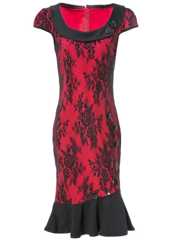 Elegant Cap Sleeve Scoop Neck Buttoned Floral Print Women's Mermaid Dress - DEEP RED M