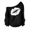 T-shirt Femme Imprimé Lèvres à Épaules Obliques et Manches Longues - Blanc 2XL