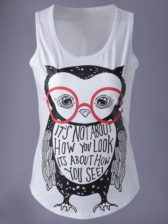 Fashionable Scoop Neck Cartoon Owl Printing Sleeveless Vest For Women - Blanc S