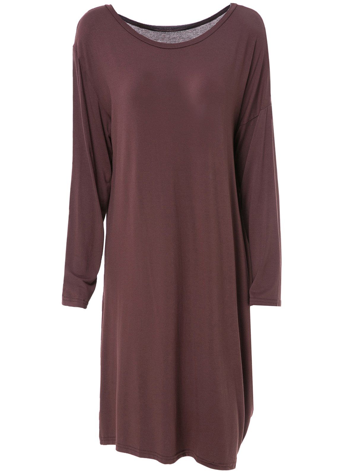 Plain Solid Color Slouchy Drop Shoulder Jersey Shift Tee Dress - DUN M