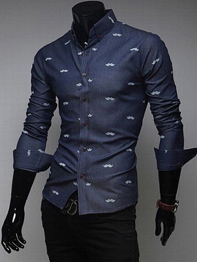 Men 's  col rabattu Imprimé design manches Denim longue chemise - Bleu profond 2XL