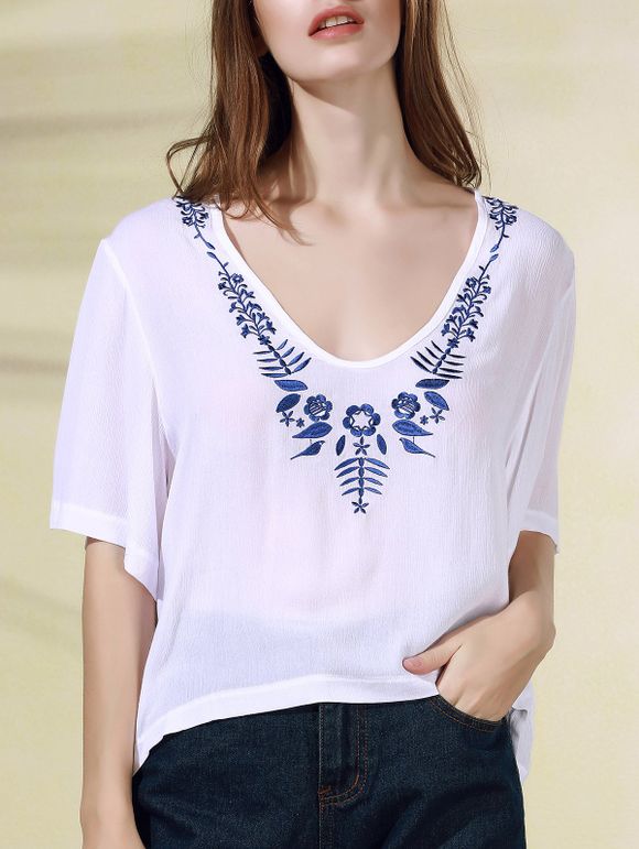 T-Shirt Trendy brodé 1/2 manches col en V Femmes  's - Blanc 2XL