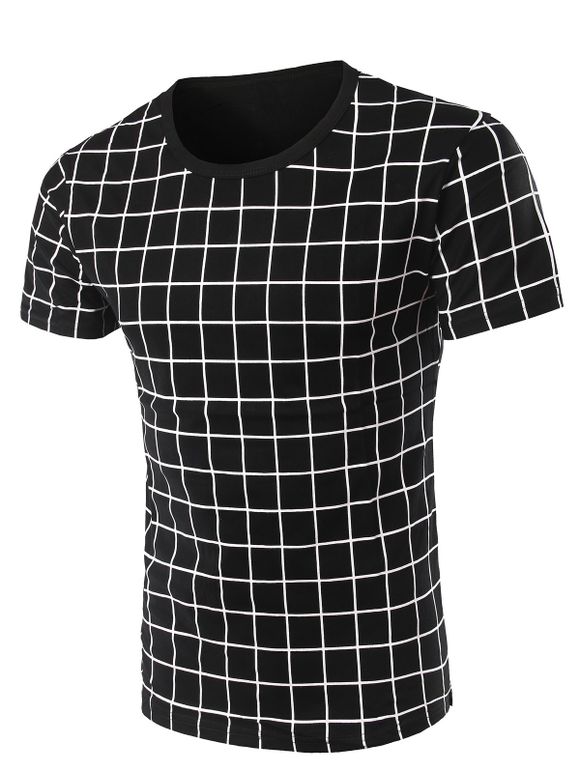 Stylish Round Neck Checked Short Sleeve Men's T-Shirt - Noir XL