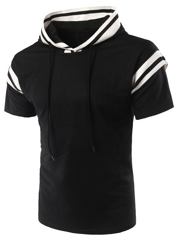 Hooded Stripe Splicing Design Short Sleeve Men's Hoodie - Noir XL