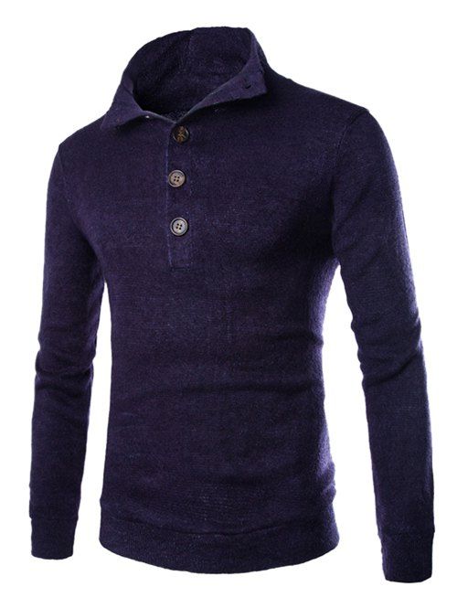 Men 's  Casual stand Collar Design Bouton manches longues Pull - Cadetblue 2XL