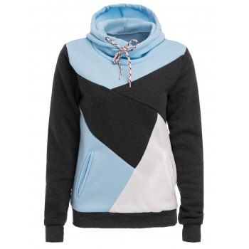 

Chic Hooded Long Sleeve Pocket Design Color Block Women's Hoodie, Blue/white