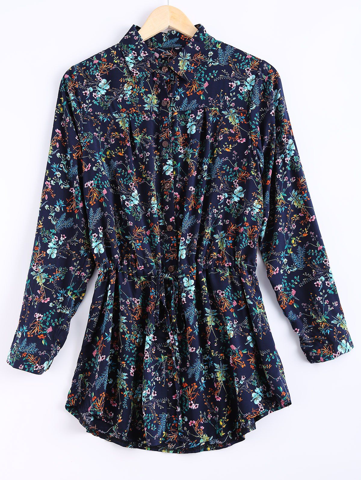 

Vintage Women's Long Sleeves Drawstring Waist Floral Shirt Dress, Deep blue