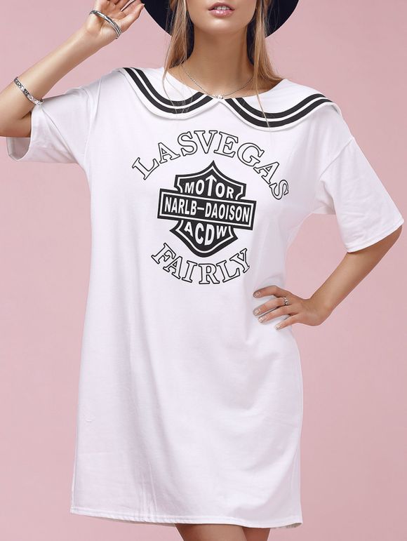 Casual Letter Print Short Sleeve Sailor Collar Women's Dress - Blanc ONE SIZE(FIT SIZE XS TO M)