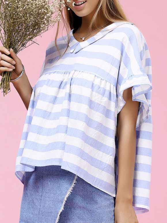 Cute Striped V-Neck Ruffled Short Sleeve Women's Blouse - Bleu clair ONE SIZE(FIT SIZE XS TO M)