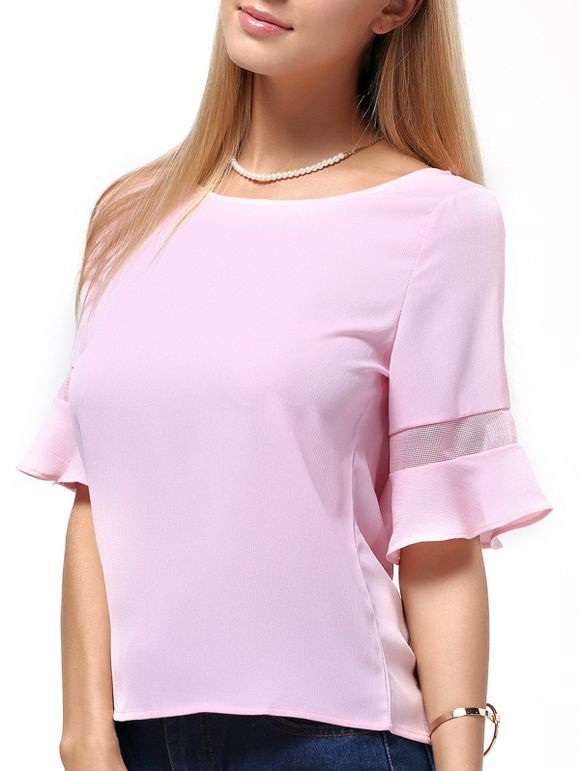 Sweet 1/2 Sleeve Jewel Neck Spliced Pure Color Women's T-Shirt - Rose 2XL