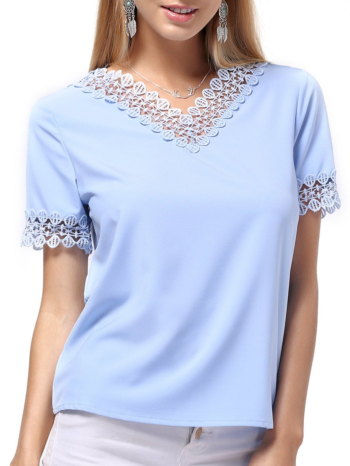 

Sweet Women's Short Sleeve V Neck Pure Color Lace Spliced Blouse, Light blue