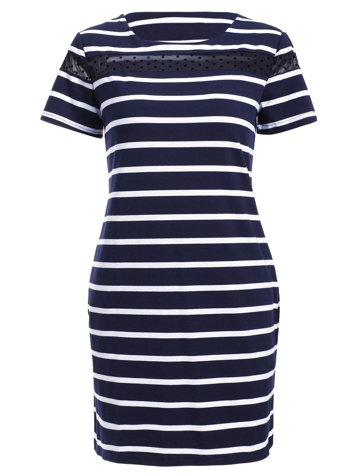 

Stylish Women's Jewel Neck Striped Mesh Panelled Dress, Purplish blue
