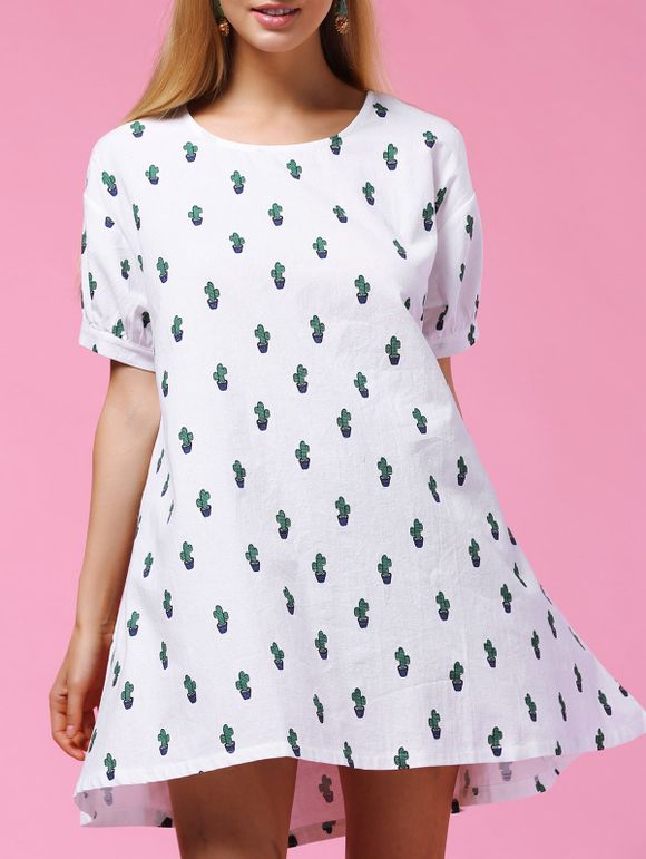 Sweet Cactus Print Short Sleeve Round Neck Women's Dress - Blanc Cassé XL