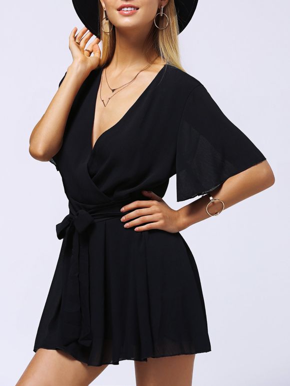 Trendy Flare Sleeve V Neck Pure Color Romper For Women - Noir 3XL