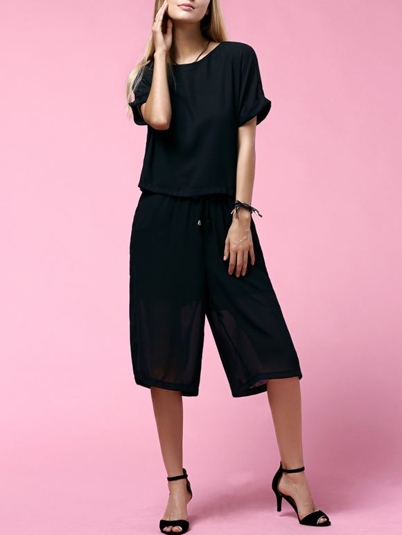 Couleur T-shirt pur Trendy + Pantalon ample costume pour les femmes - Noir 4XL