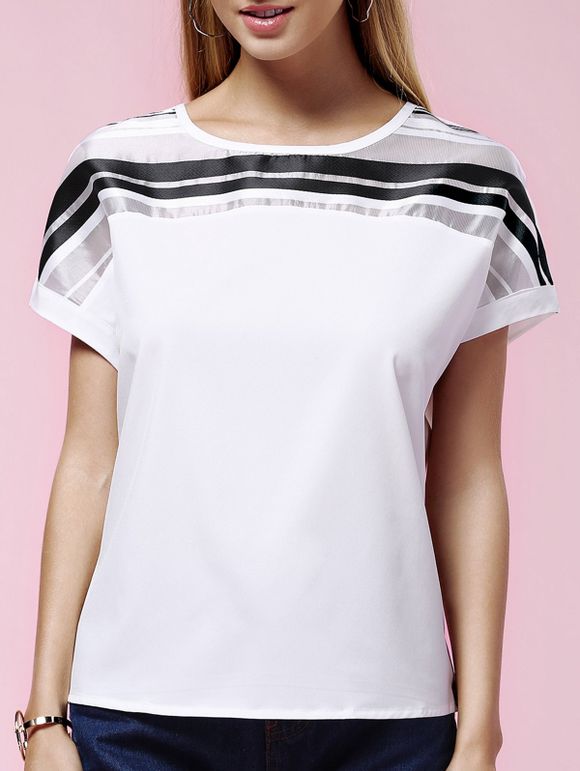 Manches courtes col rond T-shirt femme douce  's Spliced ​​rayé - Blanc XL