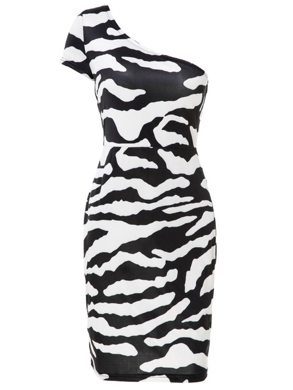 Chic One-Shoulder Short Sleeve Bodycon Zebra-Stripe Women's Dress - Blanc et Noir 2XL