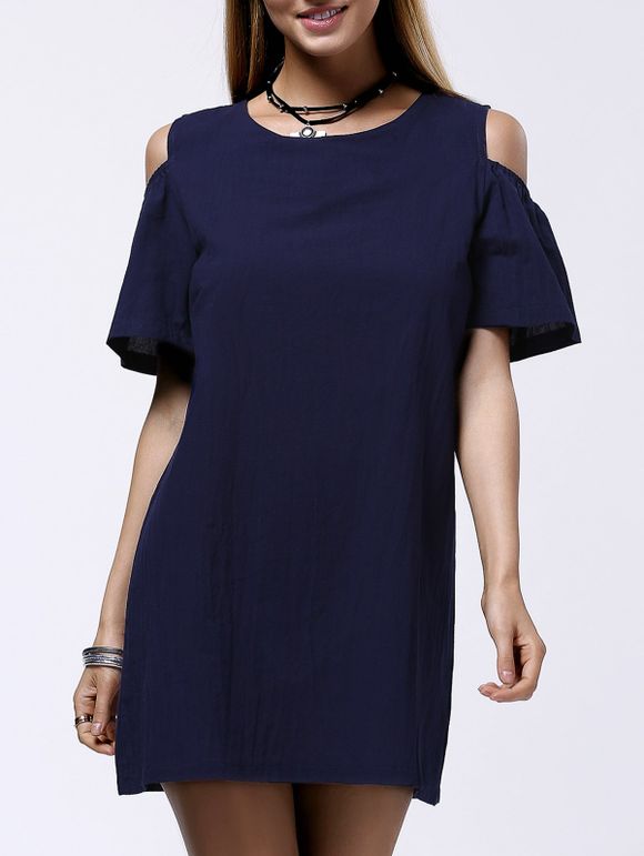 Open Shoulder Back Buttoned Women's Mini Dress - Bleu profond 3XL