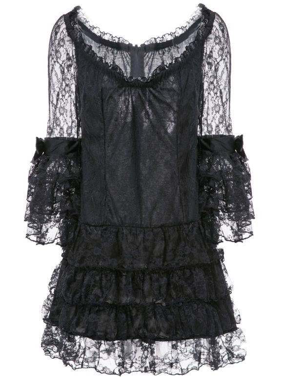 Stylish Women's Sweetheart Neck 3/4 Sleeve Layered Lace Dress - Noir XL