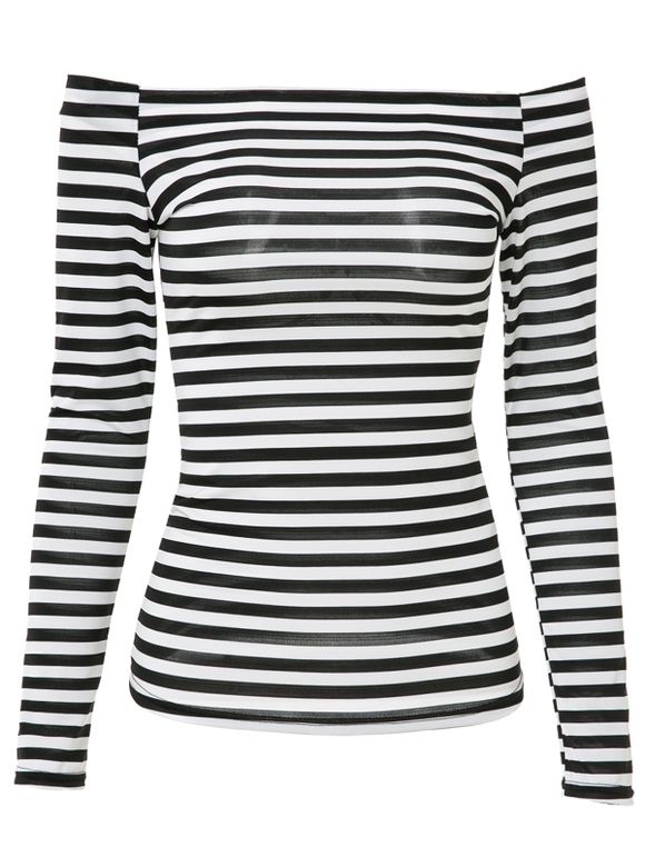 T-shirt Moulant Rayé à épaules Dénudées à Manches Longues pour Femme - Blanc et Noir XL