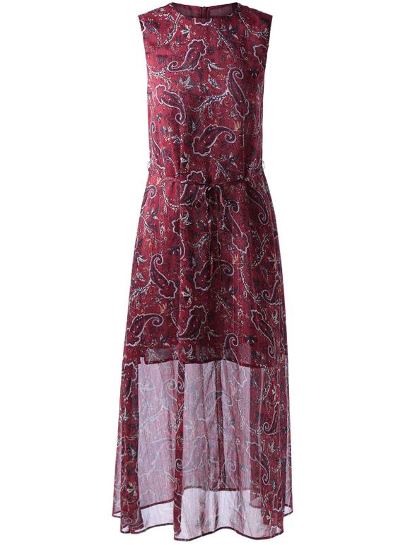 Robe sans manches de col Style rétro ronde avec l'impression paisley pour les femmes - Rouge vineux M