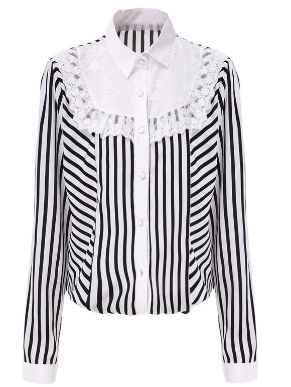 Chic Shirt Collar Long Sleeve Striped Lace Design Women's Shirt - Blanc et Noir M