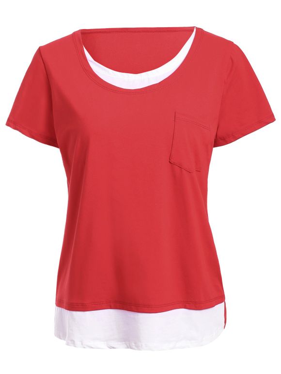 T-shirt Faux Deux Pièces à Manches Courtes pour Femme - Rouge XL