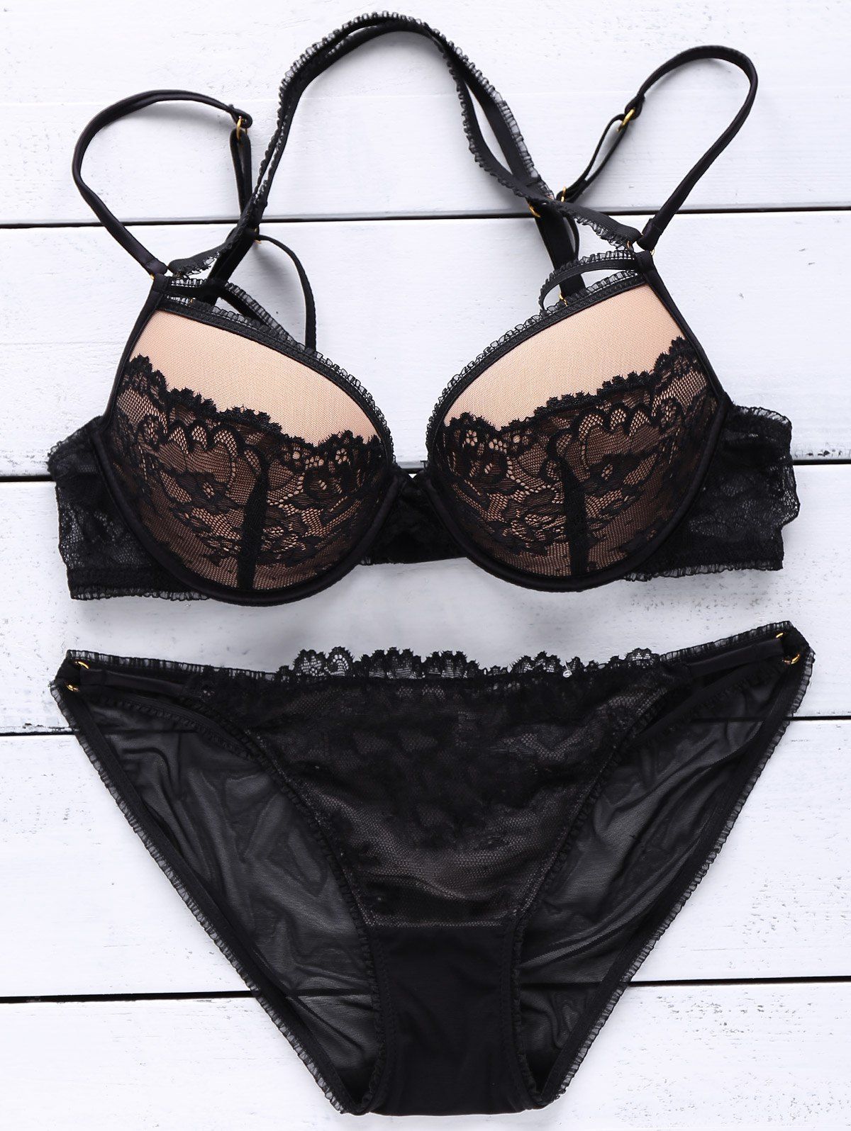 

Alluring Women's Strappy Criss Cross Adjustable Lace Bra Set, Black