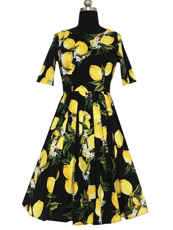 Women 's  Graceful Lemon Motif Robe plissée - Jaune et Noir 2XL
