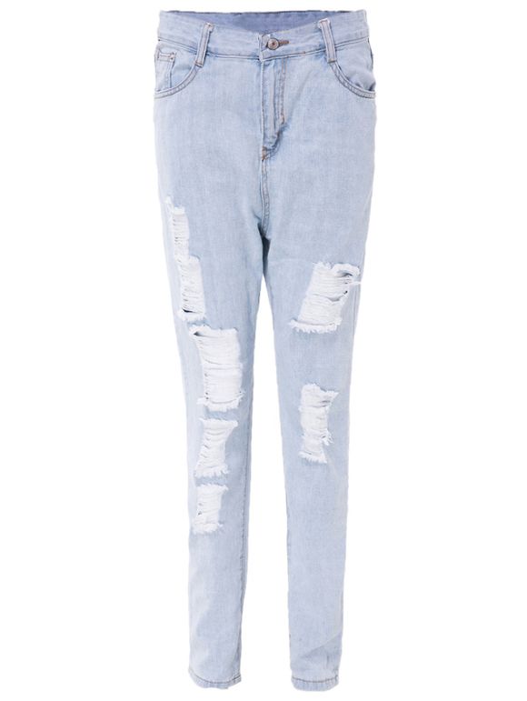 Stylish High-Waisted Ripped Slimming Frayed Women's Ninth Jeans - Bleu clair M